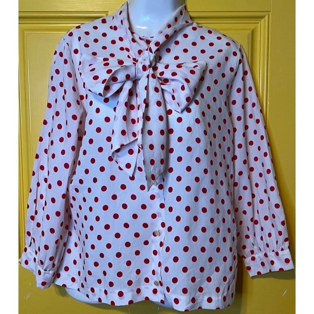Jami Original Career Blouse Vintage Red Polka Dots Neck Tie SZ 16/36 Poly Crepe‎